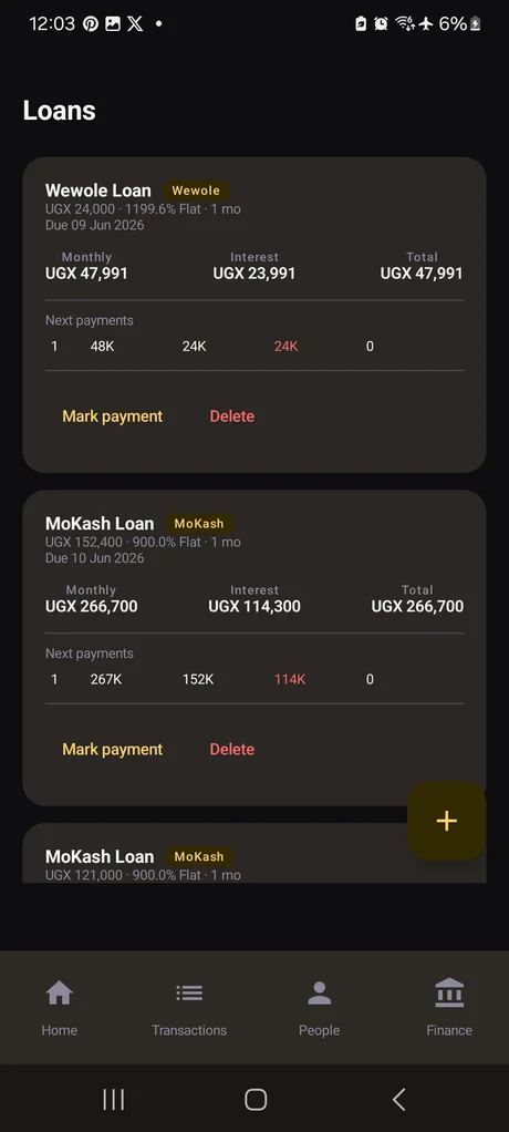 Loan tracker showing MoKash and Wewole loans