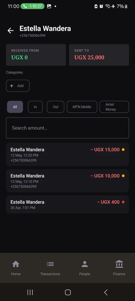 Person detail showing transaction history with a contact