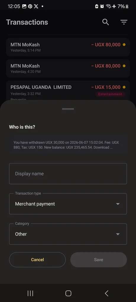 Transaction list with category tagging